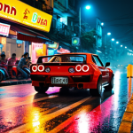 **

A vibrant street racing scene at night in Hanoi, Vietnam. A modified sports car is drifting around a tight corner, neon lights reflecting off the wet asphalt. The focus is on the car's skillful drift, with a blurred background showing cheering spectators. Include details like Vietnamese street food stalls and iconic Hanoi architecture in the background.

**