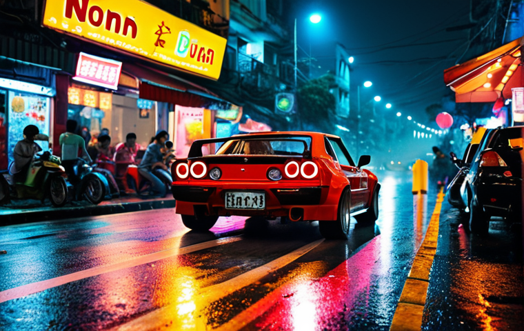 **

A vibrant street racing scene at night in Hanoi, Vietnam. A modified sports car is drifting around a tight corner, neon lights reflecting off the wet asphalt. The focus is on the car's skillful drift, with a blurred background showing cheering spectators. Include details like Vietnamese street food stalls and iconic Hanoi architecture in the background.

**